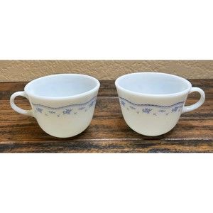 Set of 2 Pyrex Corning NY Milk Glass Morning Blue Flower Coffee Mugs Tea Cups